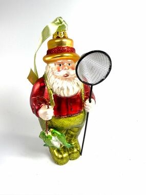 Glass Santa Fisherman Christmas Tree Ornament Fishing Net Neon Green Red Fish
